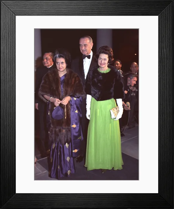 Framed Print : Indira Gandhi with President and Lady Bird Johnson before a State Dinner honoring the Indian Prime Minister. March 28, 1966