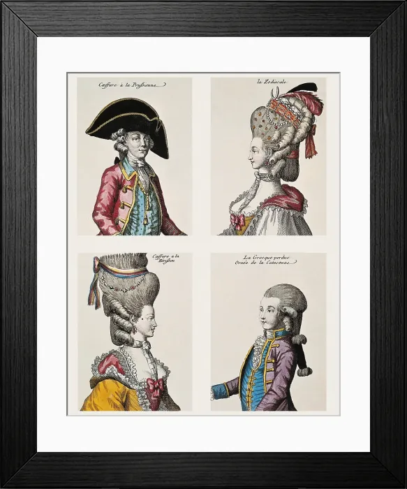 Framed Print : Four wigs: Prussian-style, zodiacal-style, hedgehog-style and Greek style (18th c.). - BeBa / Iberfoto / Everett Collection (158669)**US SALES ONLY**