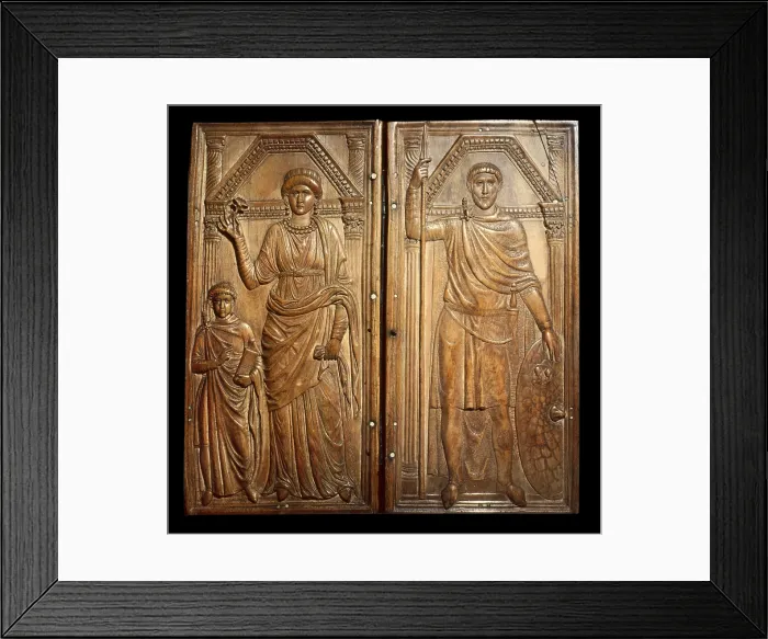 Framed Print : The ivory diptych of Stilicho (right) with his wife Serena and son Eucherius, ca. 395 A.D. Paleo-christian art. Sculpture on ivory. ITALY. Monza. Cathedral Treasure