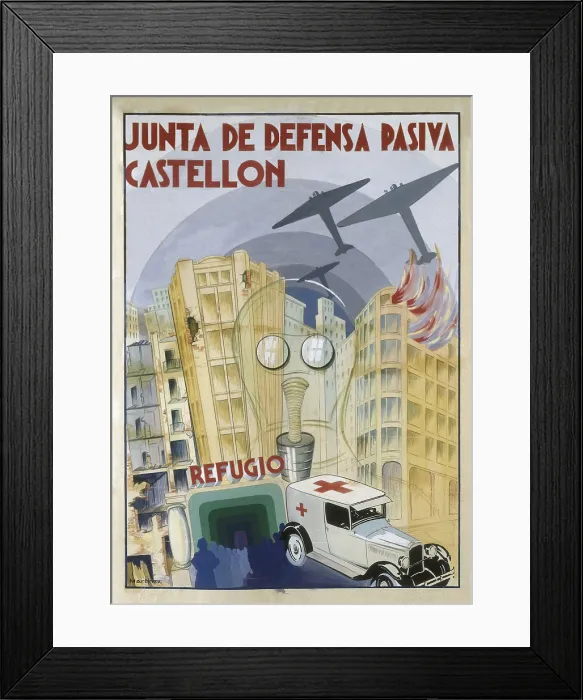 Framed Print : Spanish Civil War (1936-1939). 'Junta de defensa pasiva. Castellon' (Junta of the Passive Defence. Castellon). Poster (1938). SPAIN. Salamanca Framed Print : Spanish Civil War (1936-1939). 'Junta de defensa pasiva. Castellon' (Junta of the Passive Defence. Castellon). Poster (1938). SPAIN. Salamanca