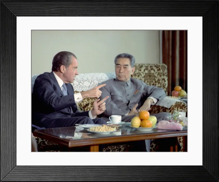 Framed Print : Nixon in China. President Nixon and Premier Chou-en-Lai enjoy tea at the Guest House upon the President's arrival to Peking on Feb. 21 1972