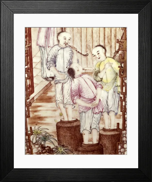 Framed Print : Vase depicting men packing tea (1348-1644). Detail. Chinese art. Ming period. China / Porcelain. IRAN. Tehran. Golestan Palace Framed Print : Vase depicting men packing tea (1348-1644). Detail. Chinese art. Ming period. China / Porcelain. IRAN. Tehran. Golestan Palace
