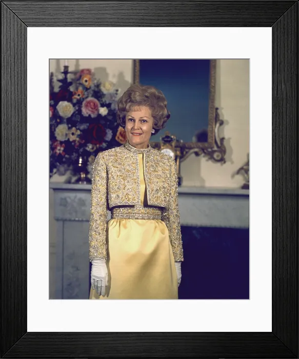 Framed Print : Patricia Nixon models her Harvey Berin inaugural gown in the Nixon's New York apartment on Jan 16 1969