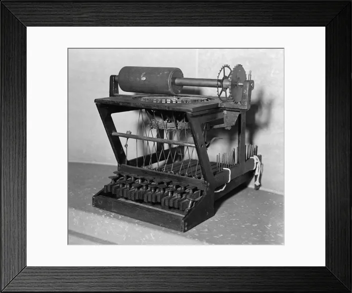 Framed Print : Early model of a Scoles and Glidden typewriter, with 18 keys. Ca. 1870