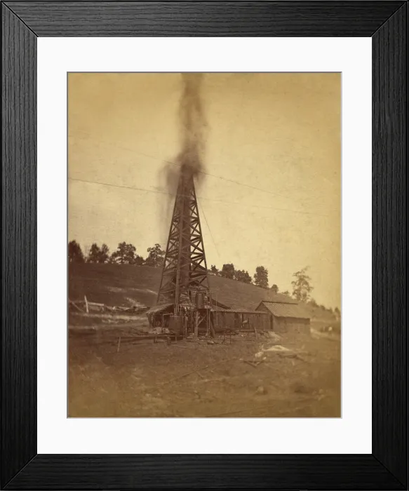 Framed Print : Gusher spewing oil from top of a derrick at the Lady Hunter Well near Petrolia City, Pennsylvania. Ca. 1880