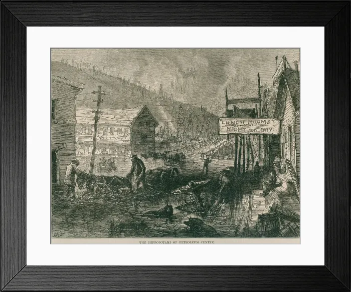 Framed Print : THE HIPPOPOTAMI OF PETROLEUM CENTRE, is the title of an 1871 engraving depicting the deep mud streets in Titusville, the queen city of the Pennsylvania oil region