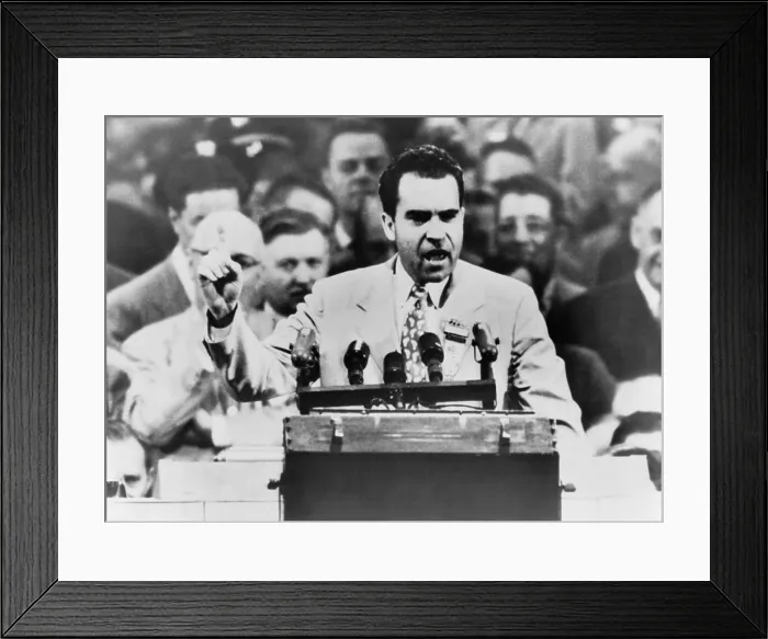 Framed Print : Senator Richard Nixon standing behind microphones accepting the Republican vice presidential nomination 1952