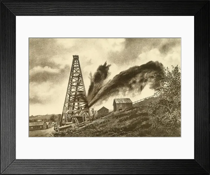 Framed Print : Oil well with a side flowing gusher in the oil region of Pennsylvania, ca. 1880 Framed Print : Oil well with a side flowing gusher in the oil region of Pennsylvania, ca. 1880