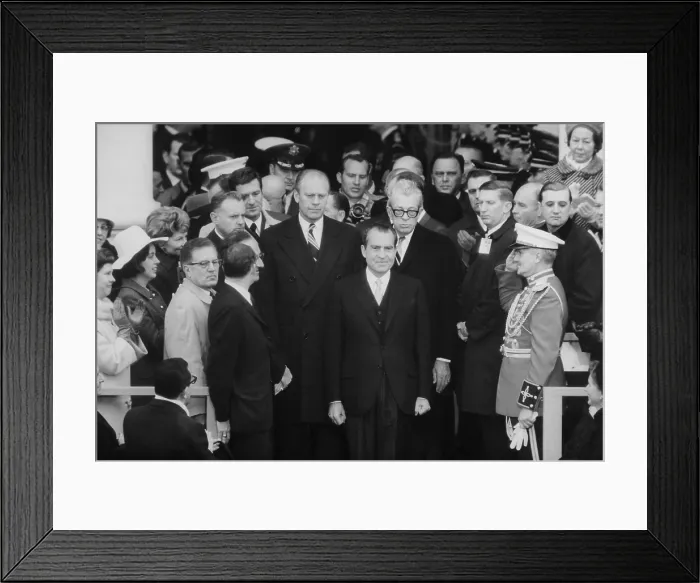 Framed Print : Top Congressional Republicans Rep. Gerald Ford and Sen. Everett Dirksen escort President-Elect Nixon to the Inaugural Platform. Jan 20 1969