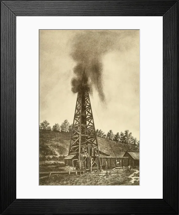 Framed Print : Oil well with a gusher in the oil region of Pennsylvania, ca. 1880 Framed Print : Oil well with a gusher in the oil region of Pennsylvania, ca. 1880