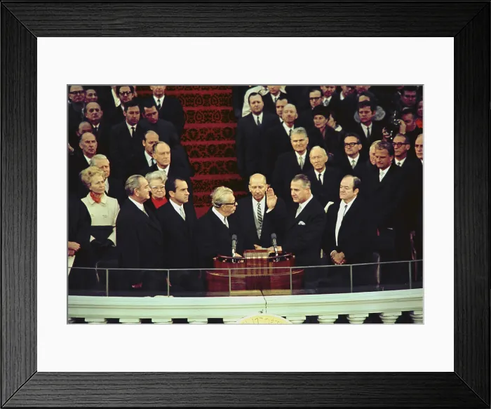 Framed Print : Vice-President elect Spiro Agnew takes the oath of office from Senate Minority Leader Everett Dirkson. Also pictured are Lyndon Johnson Richard Nixon Hubert Humphrey Billy Graham