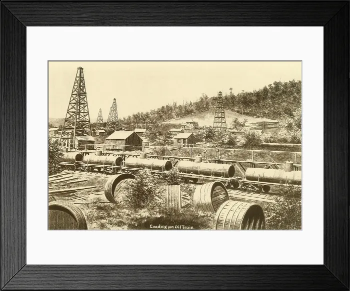 Framed Print : Loading an oil train in the Pennsylvania oil region. Ca. 1880