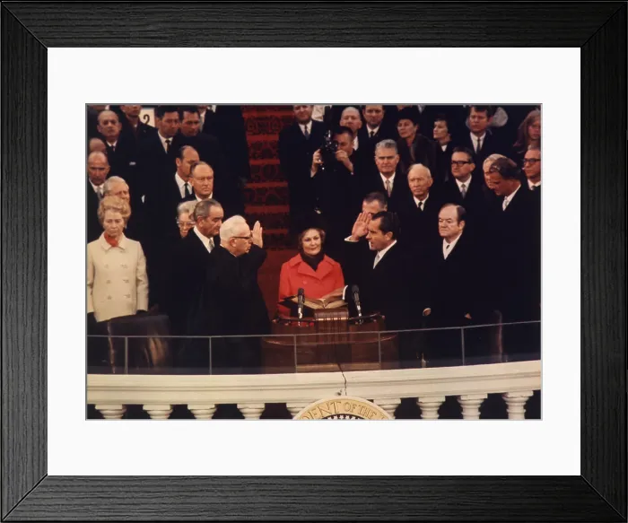 Framed Print : Richard Nixon taking the Oath of Office on Jan 20 1969. Notables include Lyndon Johnson Earl Warren Thelma Ryan Nixon Hubert Humphrey and Billy Graham