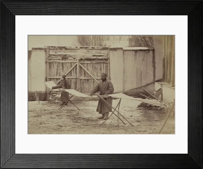 Framed Print : Using pre-industrial methods, two men prepare a warp for cotton cloth in Taskestan ca. 1870 Framed Print : Using pre-industrial methods, two men prepare a warp for cotton cloth in Taskestan ca. 1870