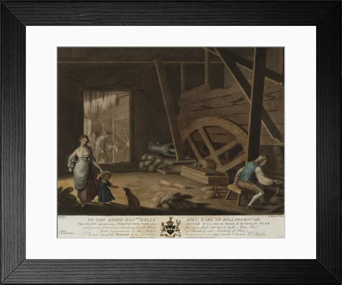 Framed Print : Irish Linen manufacture, 1782. A scutch mill (at left) had rollers and blades to break and beat flax to remove the woody fiber called the boon