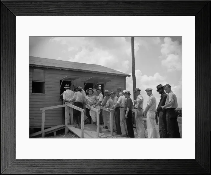 Framed Print : Workmen receiving paychecks at New Deal worksite, July 1936. They were building the Greenbelt, Maryland, planned community. Photo by Carl Mydans. (BSLOC_2013_7_81) Framed Print : Workmen receiving paychecks at New Deal worksite, July 1936. They were building the Greenbelt, Maryland, planned community. Photo by Carl Mydans. (BSLOC_2013_7_81)