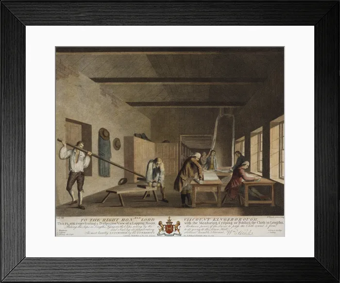 Framed Print : Irish Linen manufacture, 1782. A lapping room where the linen was prepared for shipping to market Framed Print : Irish Linen manufacture, 1782. A lapping room where the linen was prepared for shipping to market