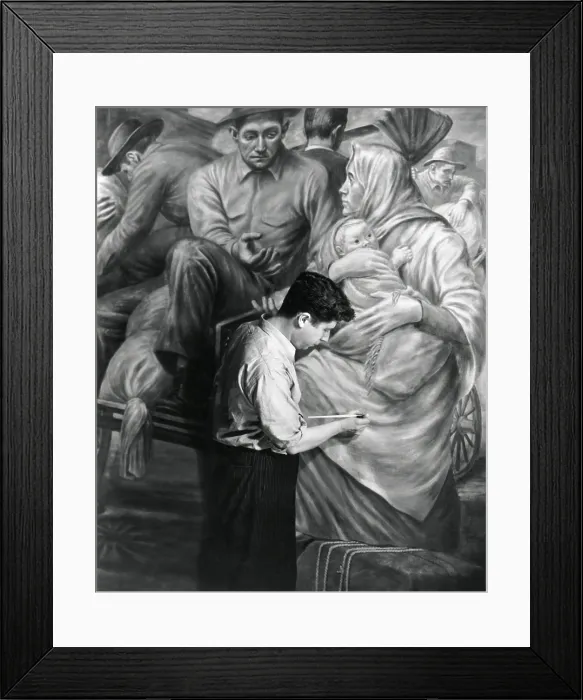 Framed Print : Edward Leaning painting a WPA mural at Ellis Island, ca. 1937. The mural depicts the role of immigrants to the industrial development of America. (BSLOC_2013_7_94)