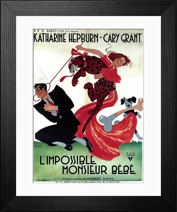 Framed Print : BRINGING UP BABY, (aka L'IMPOSSIBLE MONSIEUR BEBE), Cary Grant, Katharine Hepburn, 1938