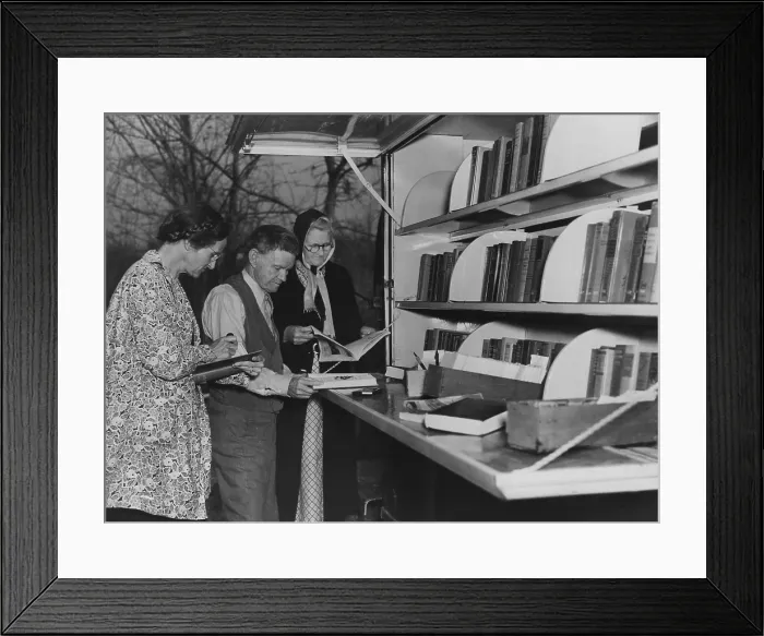Framed Print : Book borrowers at WPA Library bookmobile, ca. 1930s. Location unknown. (BSLOC_2013_7_90) Framed Print : Book borrowers at WPA Library bookmobile, ca. 1930s. Location unknown. (BSLOC_2013_7_90)