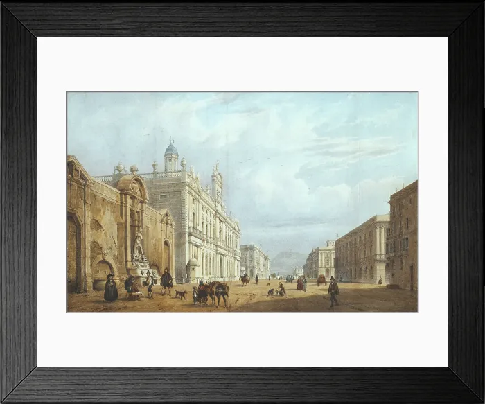 Framed Print : Barcelona. The old waterfront of the city, with the fountain of Neptune, the Custom House, the Royal Palace and the Llotja (trade center). Litography. SPAIN. Barcelona