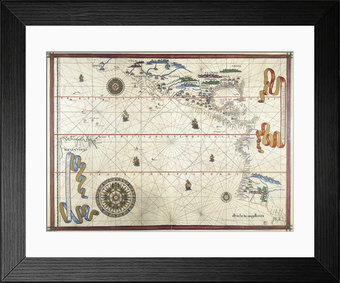 Framed Print : MARTINES, Joan (1556-1591). Catalan or Majorcan cartographer. Royal cartographer of Philip II of Spain. Portolan chart made in Messina 1587. Map of the Pacific Ocean