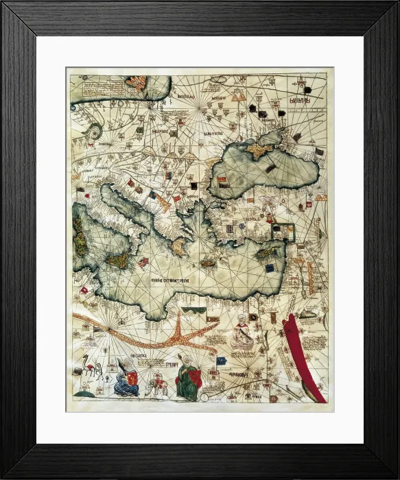 Framed Print : CRESQUES, Jafuda (1350-1410); CRESQUES, Abraham ( -1381). Catalan Atlas. 1375. Third and Fourth Leaves. Map of the world known in the 14th c. (Finisterre and the Mediterranean)