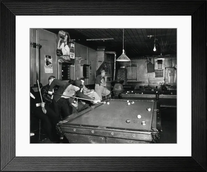 Framed Print : Young men playing pool on a weeknight in Shelby County, Iowa. May 1941. (BSLOC_2013_8_107) Framed Print : Young men playing pool on a weeknight in Shelby County, Iowa. May 1941. (BSLOC_2013_8_107)