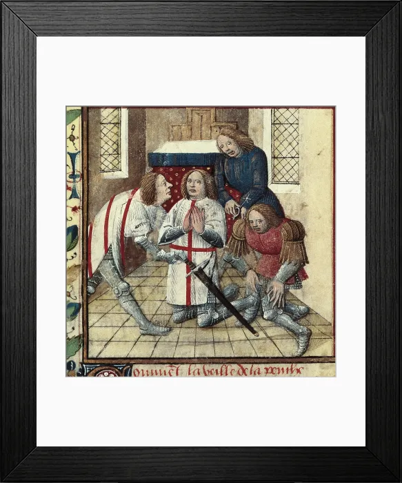 Framed Print : Everard de Espinques's 'Tristan and Iseult', written by Gassien de Poiters. Page from the third volume, with Jean Du Mas weapons