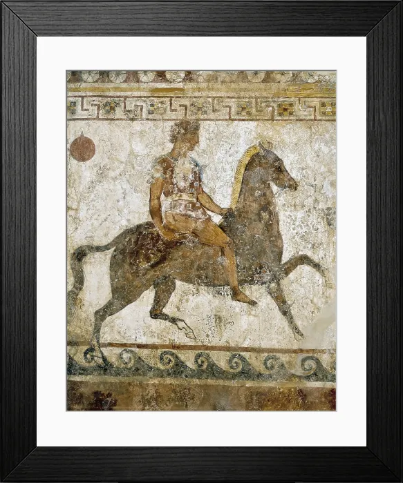 Framed Print : Cavalryman. Funeral painting with Greek soldiers. 4th c. BC. Classical Greek art. Fresco. ITALY. Naples. National Museum of Archaeology. Proc: ITALY. Paestum