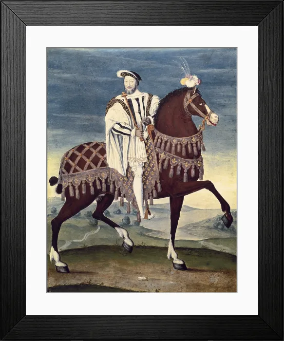 Framed Print : Equestrian Portrait of Franois I, King of France. 16th c. Parchment on wood. Renaissance art. Gouache. FRANCE. Chantilly. Musee Conde (Conde Museum)