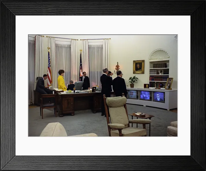 Framed Print : President Lyndon Johnson and his staff watch TV news reporting the assassination of Dr. Martin Luther King. April 4, 1968