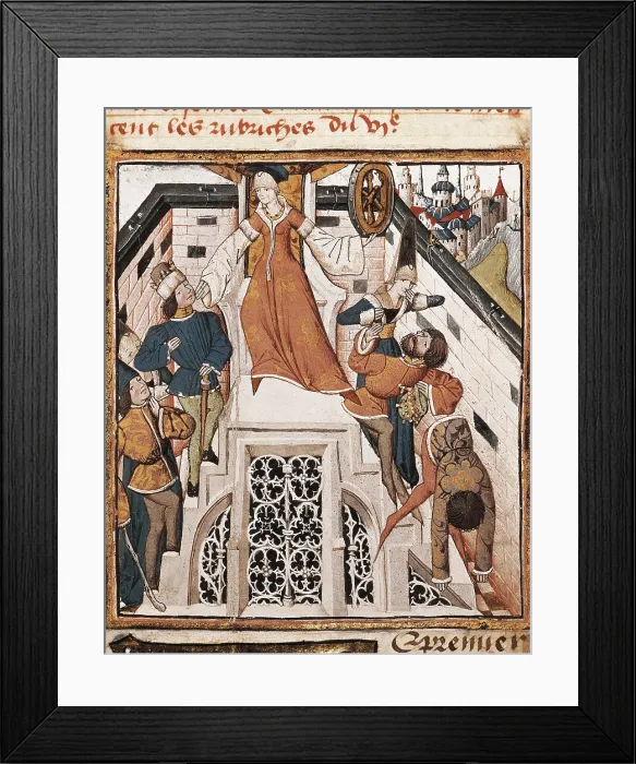 Framed Print : CHAMPION DES DAMES, Master of (s. XV). Des Hommes Illustres. s.XV. Wheel of Fortune. ms. 0622, f. 136 Framed Print : CHAMPION DES DAMES, Master of (s. XV). Des Hommes Illustres. s.XV. Wheel of Fortune. ms. 0622, f. 136