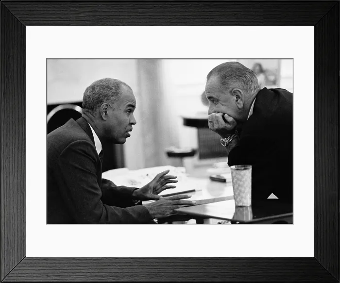 Framed Print : President Lyndon Johnson listening to NAACP leader Roy Wilkins in Oval Office. August 3, 1965