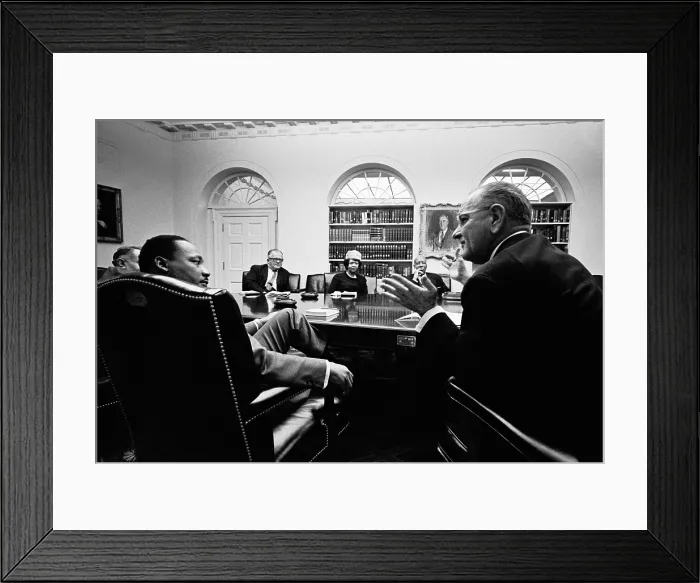 Framed Print : Lyndon Johnson meeting with civil rights leaders at the White House. In the foreground are LBJ and Martin Luther King, Jr
