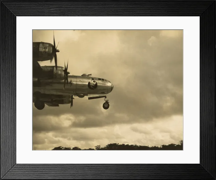 Framed Print : Nose of a B-29 bomber coming in for a landing at a field in Guam in 1945, during the final months of Pacific operations against Japan during World War II