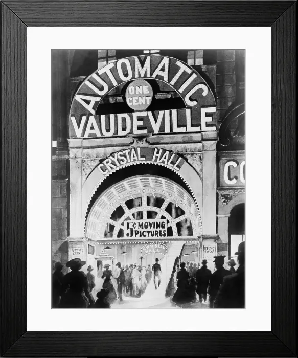 Framed Print : Adolph Zukor's 1903 penny arcade, Crystal Hall near Union Square, New York City. Zukor had actors recite dialogue in synchronization with short silent movies