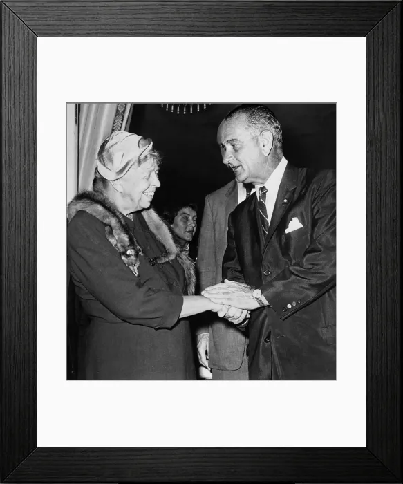 Framed Print : Eleanor Roosevelt shaking hands with Democratic vice presidential candidate Senator Lyndon Johnson, at the Hotel Sheraton-East, New York City. Oct. 6, 1960 Framed Print : Eleanor Roosevelt shaking hands with Democratic vice presidential candidate Senator Lyndon Johnson, at the Hotel Sheraton-East, New York City. Oct. 6, 1960