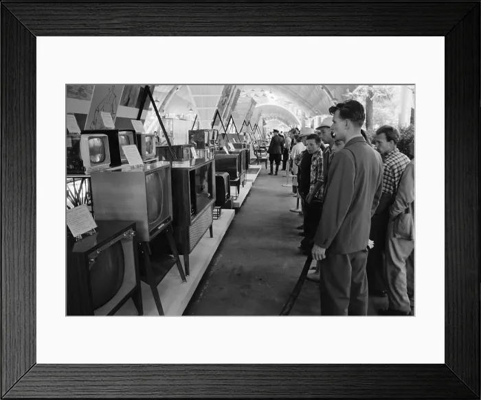 Framed Print : Russians looking at television sets at the American National Exhibition at Sokolniki Park in Moscow on August 5, 1959