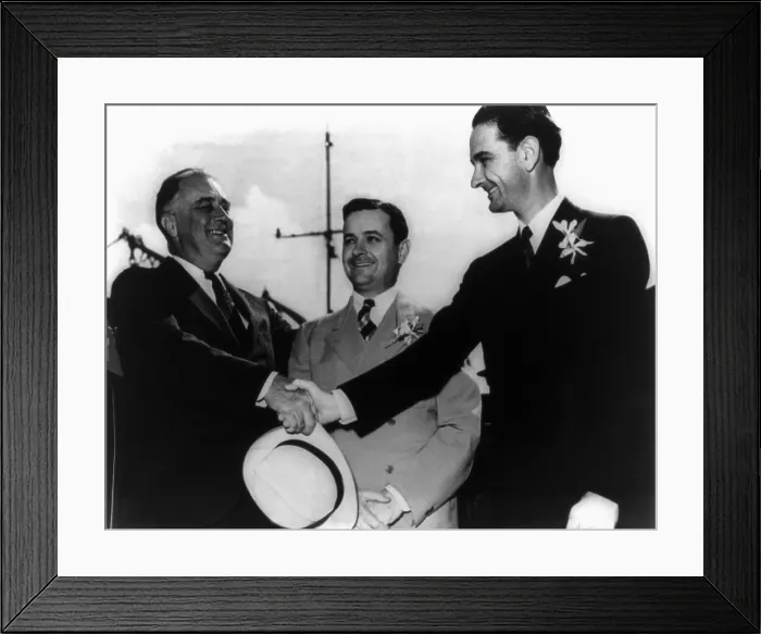 Framed Print : President Franklin Roosevelt shaking hands with newly elected Congressman Lyndon Johnson. Texas Governor James Allred looks on during FDR's trip to Galveston on May 12, 1937