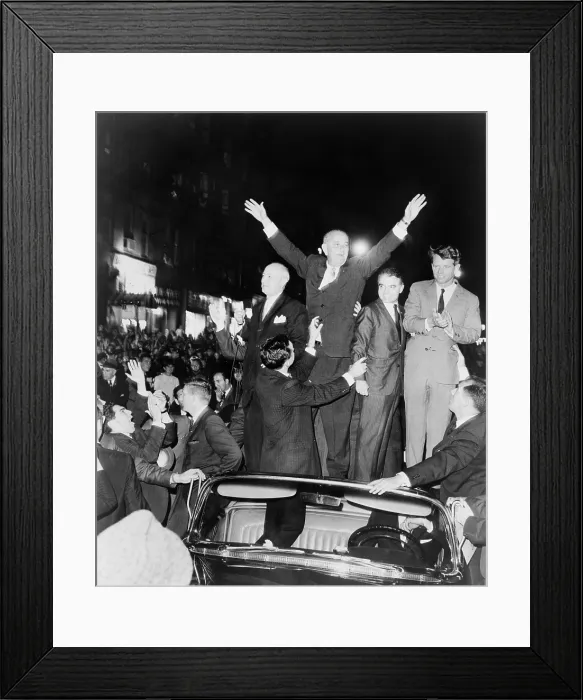 Framed Print : President Lyndon Johnson and Robert Kennedy standing on back of car, greeting crowd in Brooklyn during Kennedy's 1964 Senate campaign