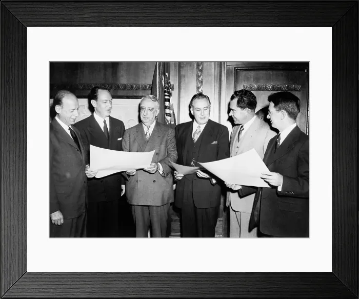 Framed Print : Herbert Brownell Attorney General from 1953-1957 with justice advisors. L to R Brownell William Rogers Fred Vinson Warren Burger VP Richard Nixon and J. Lee Rankin