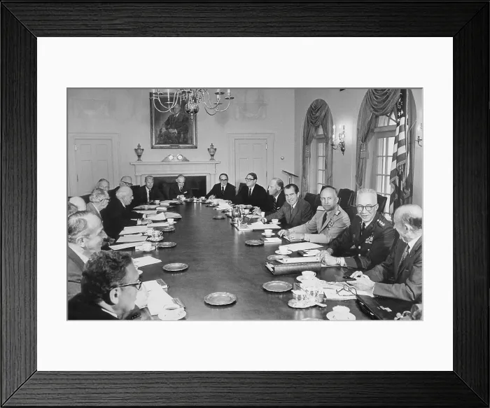 Framed Print : Meeting of the President Nixon's National Security Council through which Nixon and Henry Kissinger conducted their international politics. Ca. 1969-1974