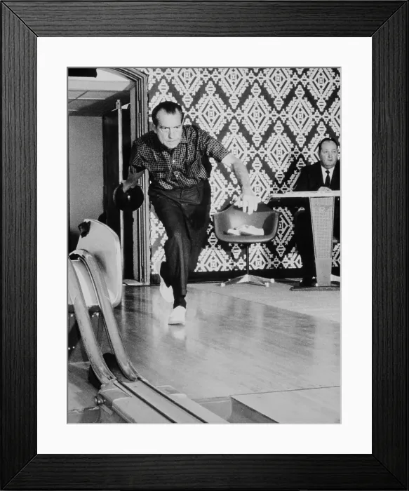 Framed Print : Richard Nixon bowling at the White House bowling alley. 1970
