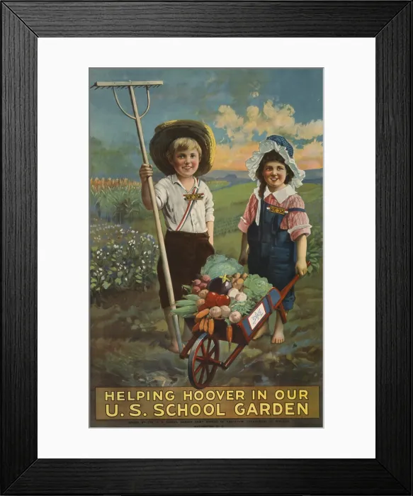 Framed Print : Public service poster showing two bare-foot children with a wheelbarrow full of vegetables, Helping Hoover in our U.S