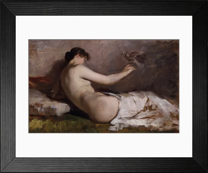 Framed Print : Naked Woman with Little Bird (Nudo con uccellino), by Demetrio Cosola, 1880 - 1890, 19th Century, oil on board - Private collection. Whole artwork view