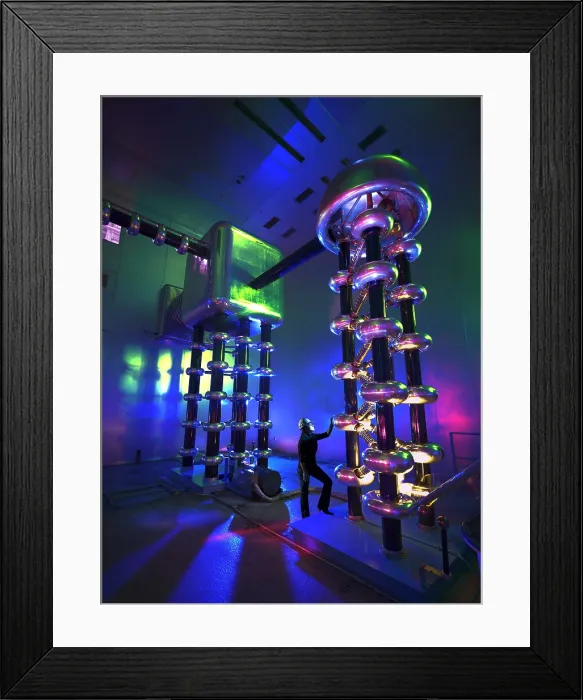 Framed Print : The Cockcroft Walton high-energy accelerator generates a proton beam to power the Tevatron particle accelerators (atom smasher) at the Fermi National Laboratory