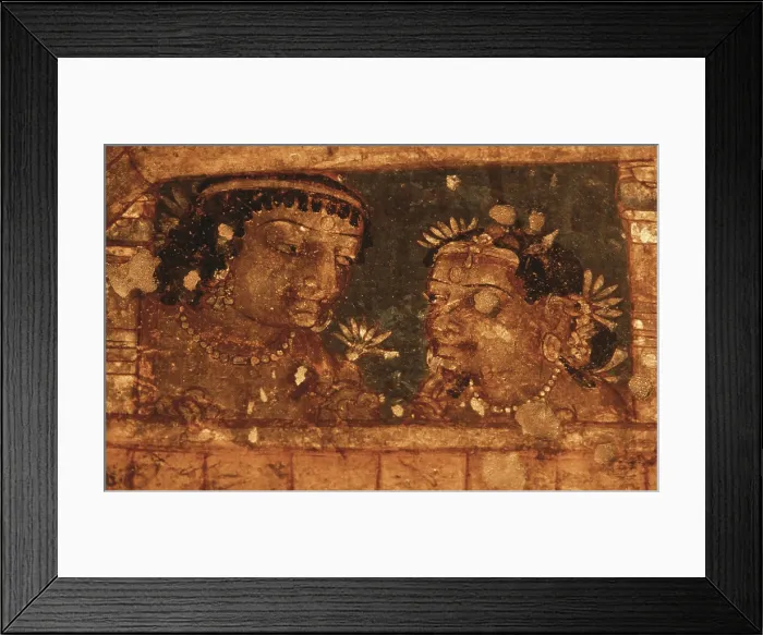 Framed Print : INDIA. Ajanta. Ajanta Caves. Men in a window. Detail in one of the 'Jataka' reincarnations and episodes of life of Budha. Mural painting in the cave 2, 6th-7th c