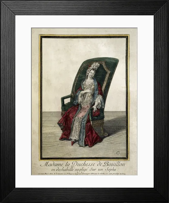 Framed Print : The Duchess of Bouillon posing as 'deshabille neglige' (carelessly naked) on a sofa. 17th century. Engraving Framed Print : The Duchess of Bouillon posing as 'deshabille neglige' (carelessly naked) on a sofa. 17th century. Engraving