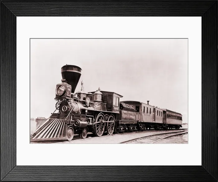 Framed Print : William Crooks a 1861 locomotive of the Great Northern Railway with tender and cars. The tender is a special car to carry fuel and water to keep the locomotive running